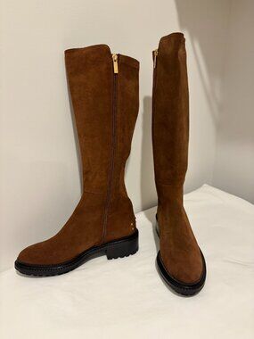 New in Box! Aquatalia Omara Chestnut Suede Stretch Knee High Boots, Size 7